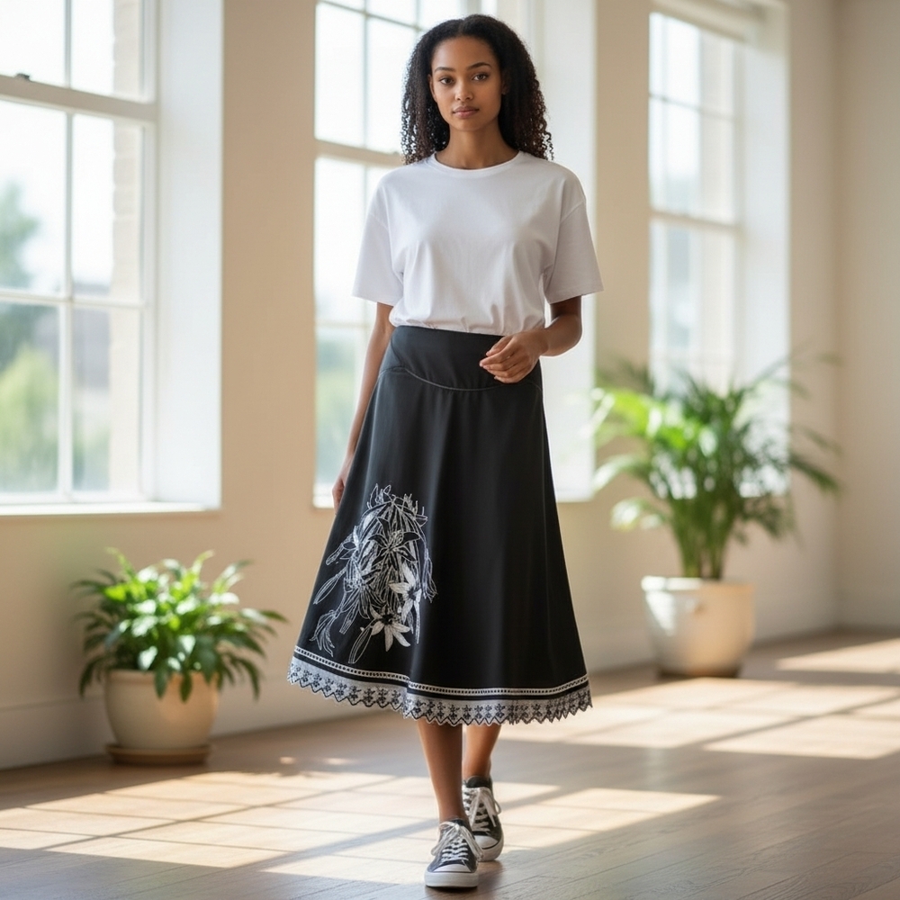 Sunny Leigh A-Line Black Skirt Cut Outs White Embroidery Lace Sequin Trim S
